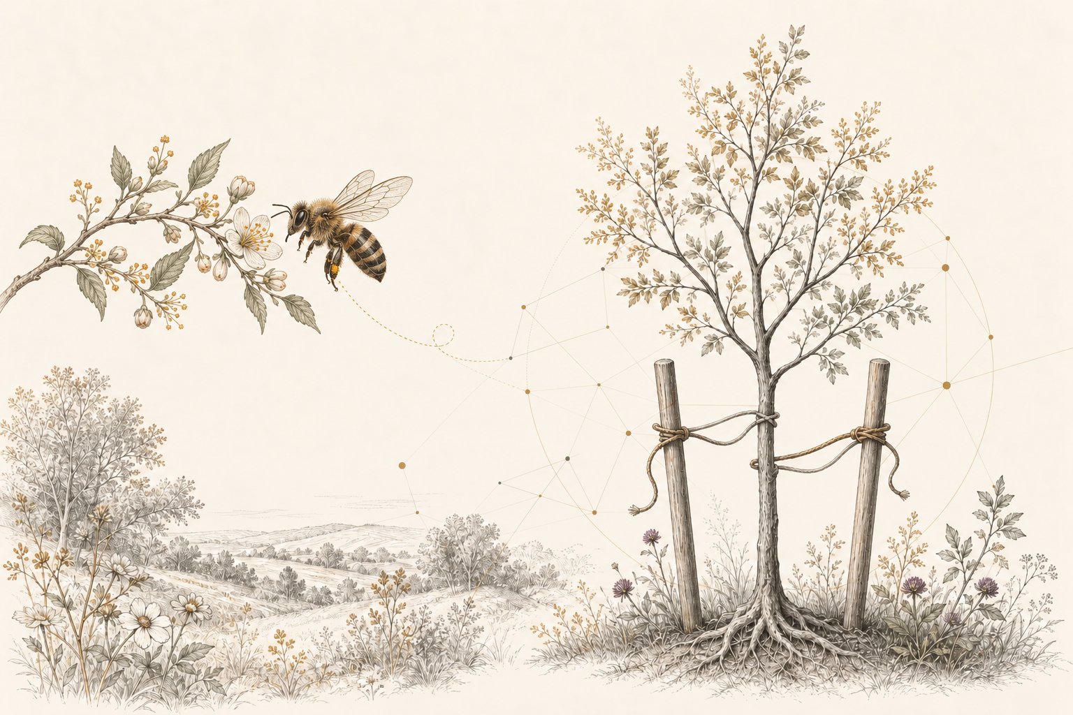 Une abeille bien visible visite des fleurs près d’un arbre soutenu par un tuteur; ses racines se déploient dans le sol.