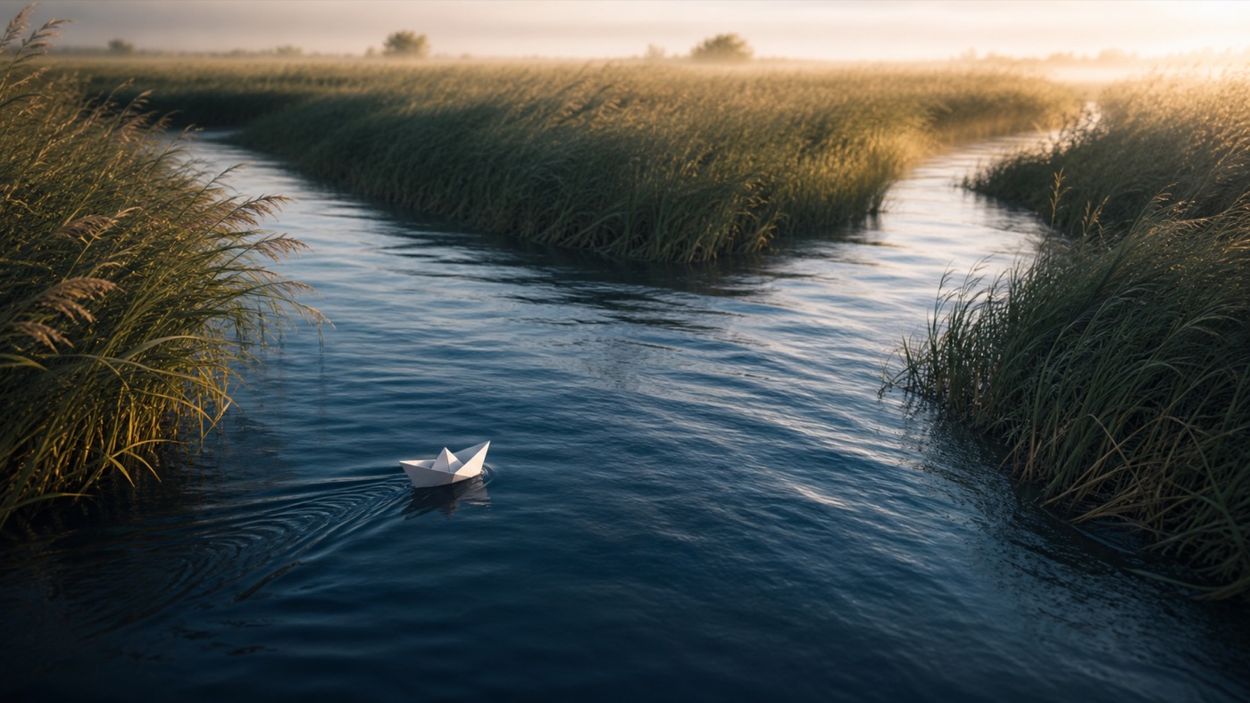 Bateau de papier suivant le courant d'une rivière qui se divise
