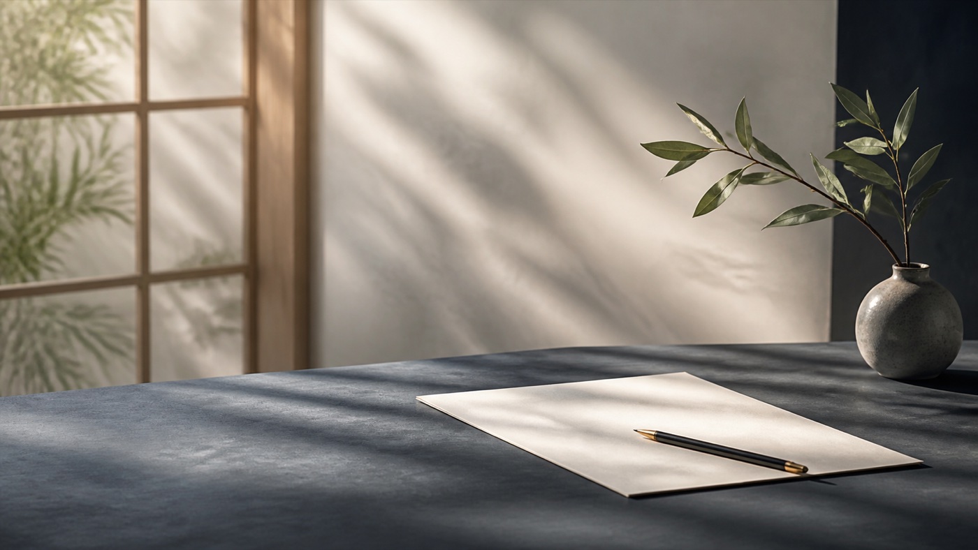 Table épurée baignée de lumière, avec une feuille, un crayon et une branche