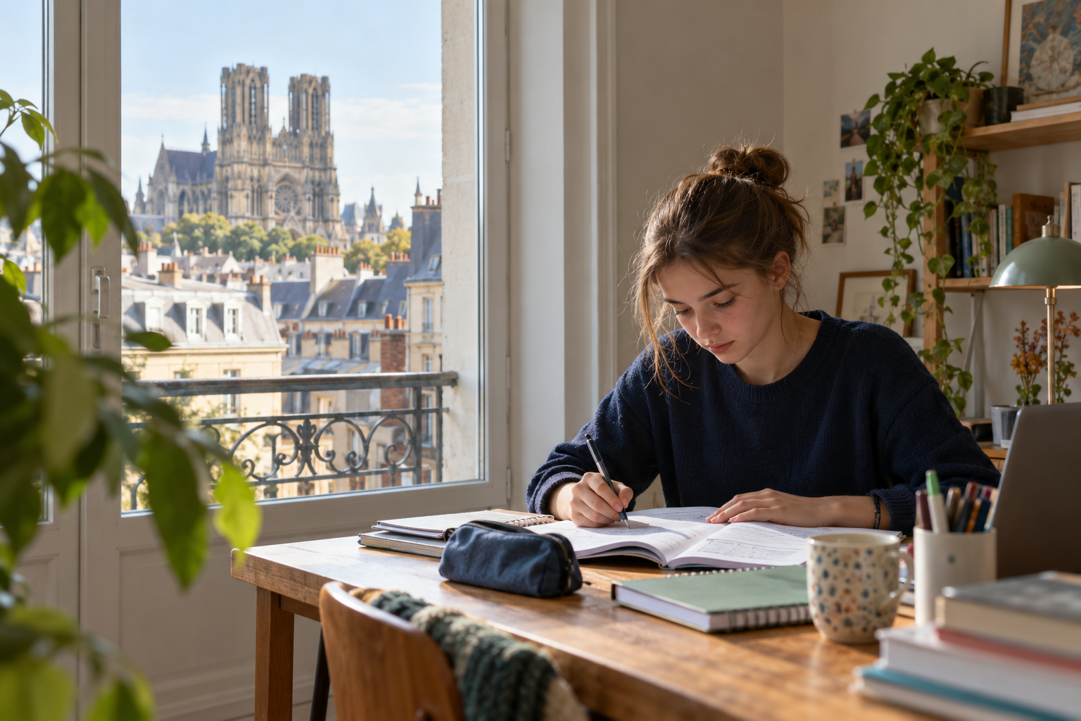 Une lycéenne travaille à son bureau ; la cathédrale de Reims est visible par la fenêtre.